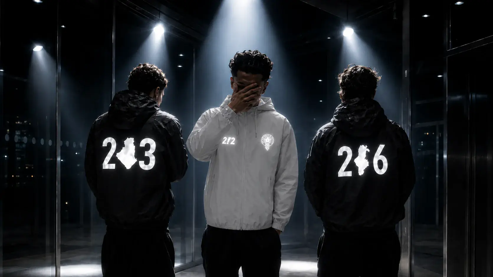 Veste réfléchissante NO FITNA noire, la nuit, logo 212 Maroc allumé sous les phares